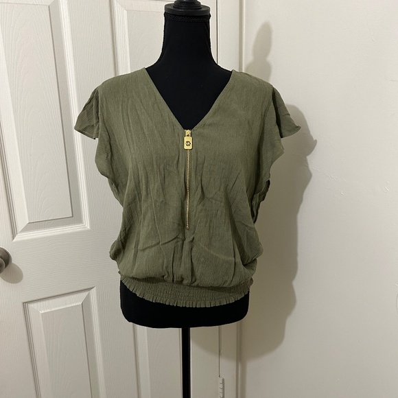 Michael Kors Olive Green Flutter Sleeve Blouse With Gold Zipper Size Large - Picture 1 of 6